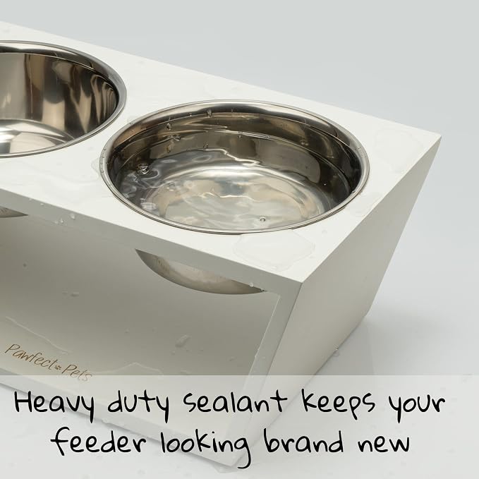 Elevated Dog Bowl Stand- 7" Raised Dog Bowl for Medium Dogs. Pet Feeder with Four Stainless Steel Bowls (White)