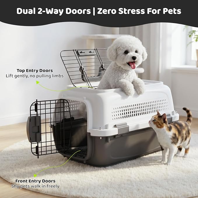 Athena Collection 23" Hard-Sided Pet Carrier with Food Bowl, Grey | Hard-Sided Protection with Top & Front Door Access, 4-Sided Ventilation for Small Dogs and Cats up to 26 LbS