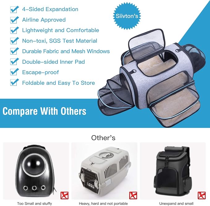 Pet Carrier Airline Approved, 4 Sides Expandable Cat Carrier Bag with Removable Fleece Pad, Large Soft Sided Pet Travel Carrier, Dog Carrier for Cats, Puppy and Small Dogs