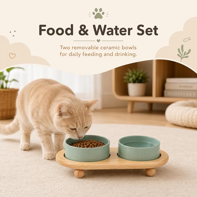 Havniva Raised Cat Bowl 5.1” Elevated Ceramic Cat Food and Water Bowl Set | Cat Bowls Elevated, Whisker Friendly Cat Bowl, Non-Slip Wood Stand, Food-Grade Ceramic, Wide Opening, Dishwasher Safe