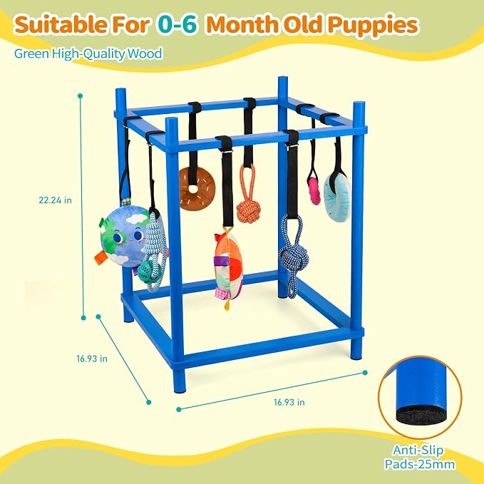 Wooden Puppy Play Gym for Small Dog with 8 Hanging Toys, Blue Frame | Wood Puppy Jungle Gym Indoor & Dog Enrichment Toys for Puppies 0-6 Months