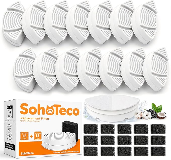 Official Replacement Filters for Pet Water Fountain | 15 Pack Replacement Filters - Self-Designed Filtration System - Easy Filter Changes - Compatible with SohoTeco Fountains