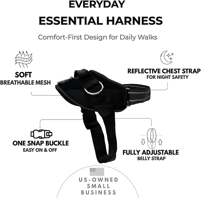 ShawnCo Essential Dog Harness, No-Pull Pet Vest (Midnight,L) | 3 Leash Clips, Easy On, No-Choke, Reflective, Adjustable Fit, Padded Comfort, Control Handle, For Small, Medium & Large Dogs