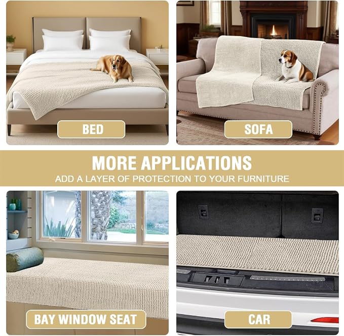 H.VERSAILTEX Plush Chenille Couch Cover for Dogs Pets Blanket for Bed Anti-Slip Soft and Durable Furniture Protector for Small Medium Large Cats Washable (52" x 82", Ivory)
