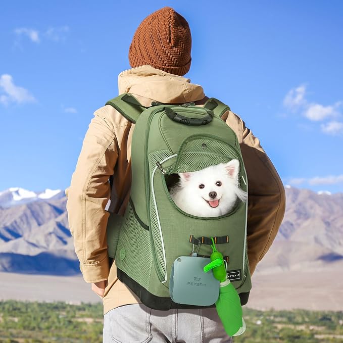 Petsfit Pet Dog Carrier Backpack with Upgraded Weight Reduction Design, Cat Dog Backpack with Large Ventilations, Easy-Fit for Traveling Hiking Camping for Small Medium Dogs and Cat, Green