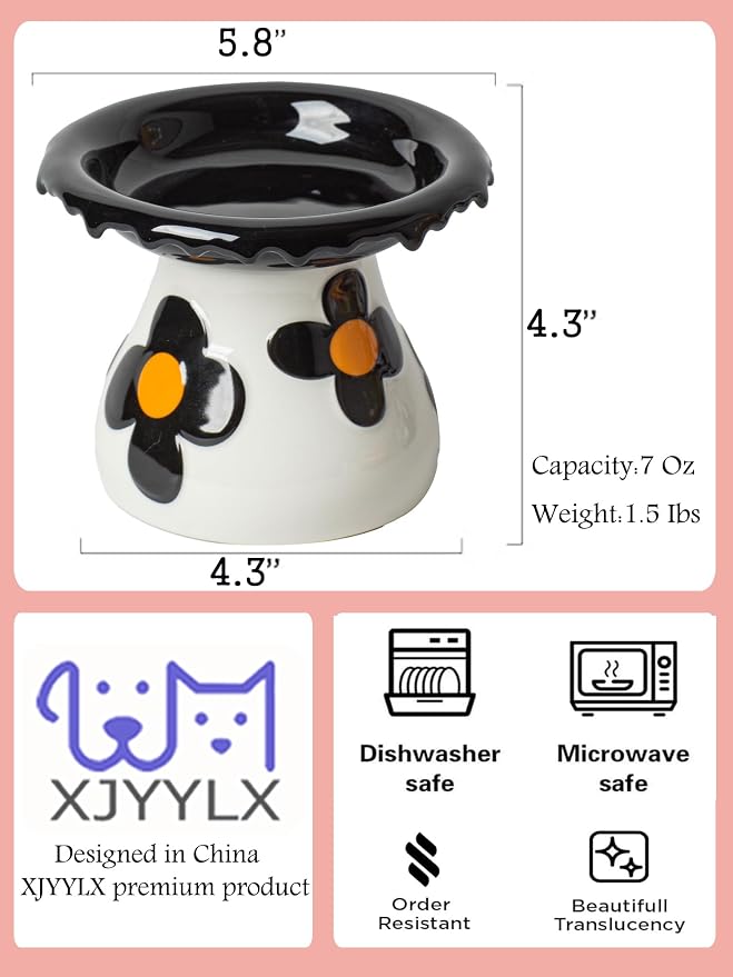 Mushroom Elevated Cat Bowls Ceramic, Cute Cat Bowls Whisker Fatigue | Raised Cat Bowl for Indoor Cats, Raised Dog Bowls Stand for Food and Water, Black 5.8" Wide for Adult Cats