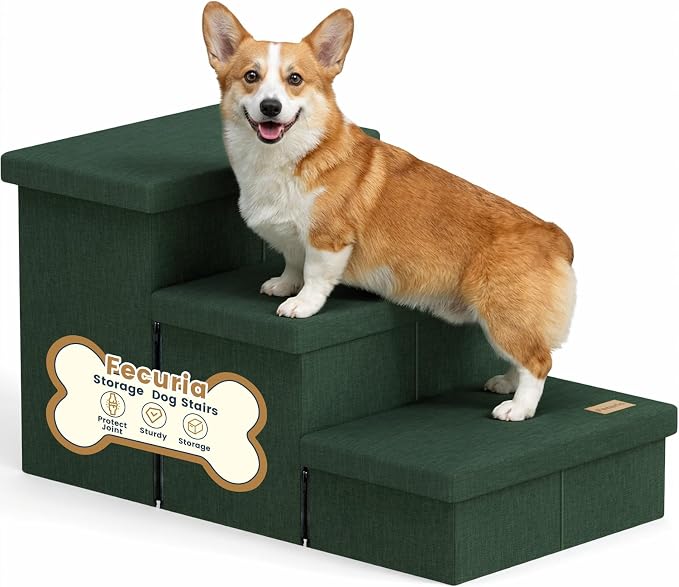 3-Step Wide Dog Stairs with Hidden Storage 18" H, Non-Slip Dog Steps for High Bed Couch Window Car, Jiont-Friendly Pet Stairs Ramp for Small/Medium/Large Old Dogs Cats Up to 200lbs, Dark Green