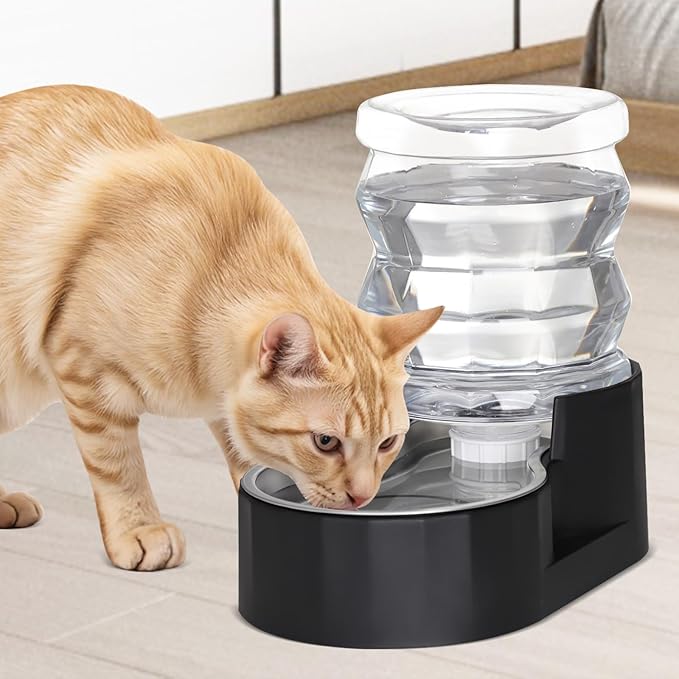 Distributeur d'eau automatique par gravité RIZZARI pour animaux : Gamelle en acier inoxydable noir de 4L sans filtre - Grande capacité pour chiens et chats - Idéal pour la cuisine - le salon - ou le couloir