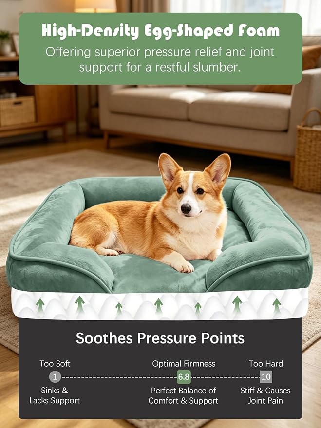 Spotted Play Orthopedic Dog Bed with Sides - Sofa Beds for Medium Dogs, Supportive Foam Pet Couch Bed with Washable Removable Cover, Waterproof Lining and Non-Slip Bottom, Green - M