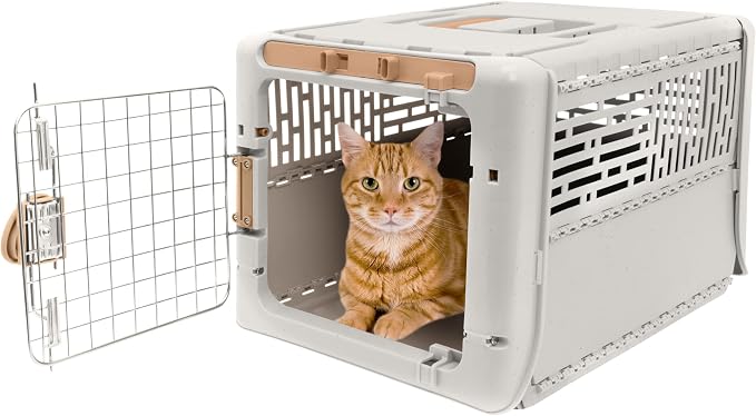SportPet Designs Collapsible X-Small Pet Travel Carrier (Tan), Hard-Sided Kennel for Small Dogs, Puppies, Cats, Kittens, Animals up to 20lbs, Washable Home & Outdoor Pet Crate, 19.6"L x 13.5"W x 12"H