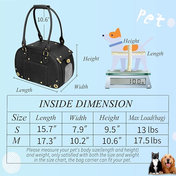 Dog Carrier Purse, Pet Carrier, Foldable Waterproof Premium PU Leather Pet Travel Portable Bag Carrier for Cat and Small Dog Home & Outdoor Small Black