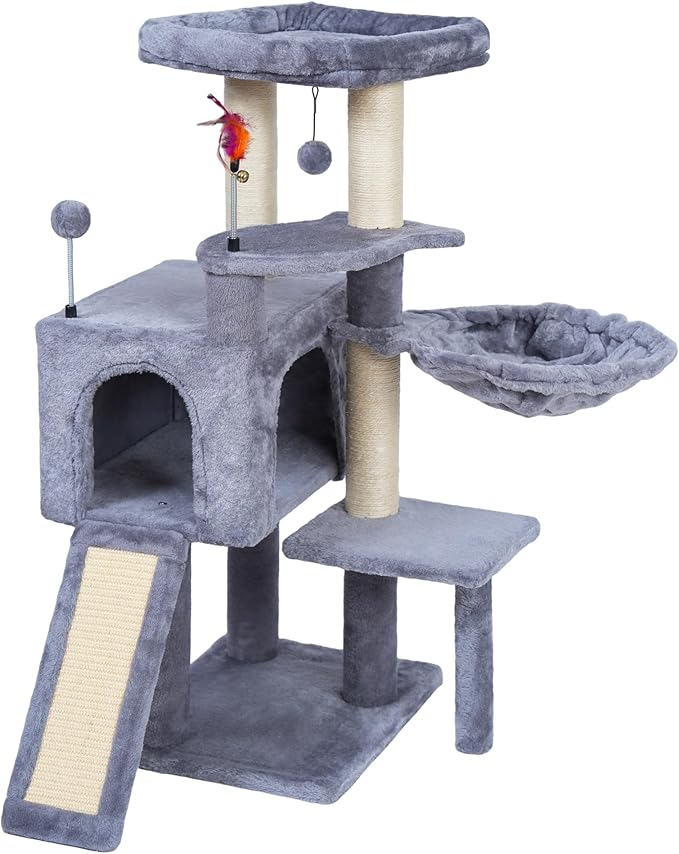 AIWIKIDE 36.6'' Multifunction Cat Tree with Cozy Hammock & Hanging Ball, Cat Tower with Activity Cat Condo & Jute-Covered Scratching Posts, Grey