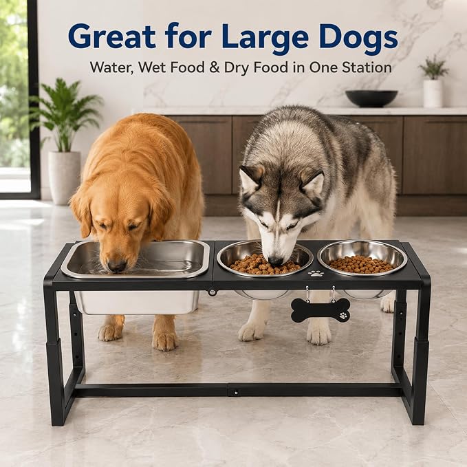 Metal Elevated Dog Bowls for Medium/Large Breed, 3 Adjustable Height(8.8''/11.5''/14'') Raised Dog Bowl Stand with Two 58oz & One 1.2gallons Large Stainless Steel Dog Food Water Bowls