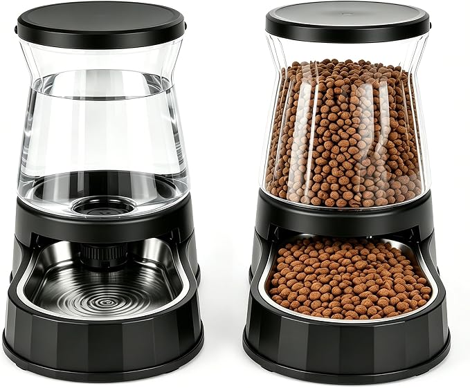 Automatic Dog Feeder and Water Dispenser with Stainless Steel Bowl, Dog Gravity Food Feeder and Waterer for Large Medium Pets 2.1 Gallon x 2