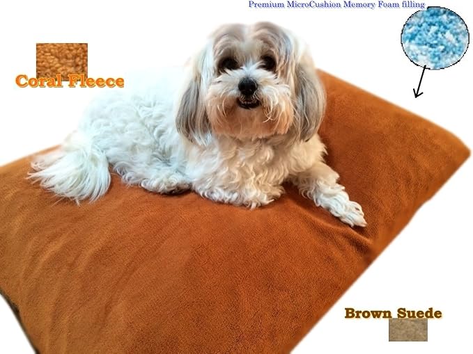 Durable Comfort Micro-Cushion Memory Foam Pet Dog Pillow Bed Waterproof Liner + External Cover for S,M,L Dogs- Complete Set (Sudan Brown Coral Fleece, 48''x29'')