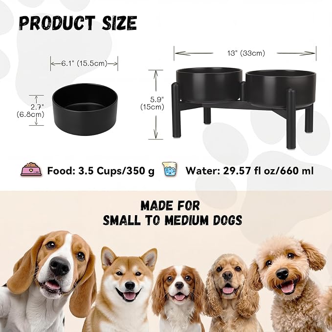 Raised Ceramic Dog Bowl Set with Stand, 3.5 Cups Elevated Dog Food Stand | 6.1'' Double Dog Food and Water Bowl Set, Non-Slip Dog Feeding Dishes for Small to Medium Breeds, 29.57 OZ, Black