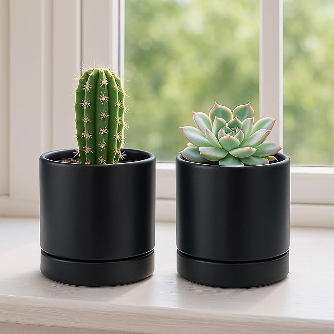 D'vine Dev 4.7 Inch Ceramic Planter Pot, Black, 94-O-B-2 | Modern Cylinder Design, Drainage Hole & Saucer Included, Stable Structure, Elegant Home Accent