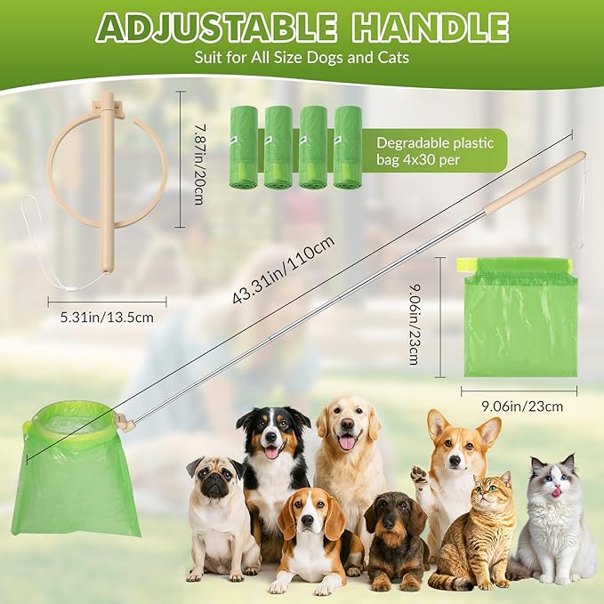 Dog Pooper Scooper, 43" Extendable Pooper Scooper Long Handle with Bag Attachment(120pcs), Portable Poop Scoop for Small Medium Large Dogs, No Touch Avoid Bending Over, Suit for Yard, Park, Wild,City