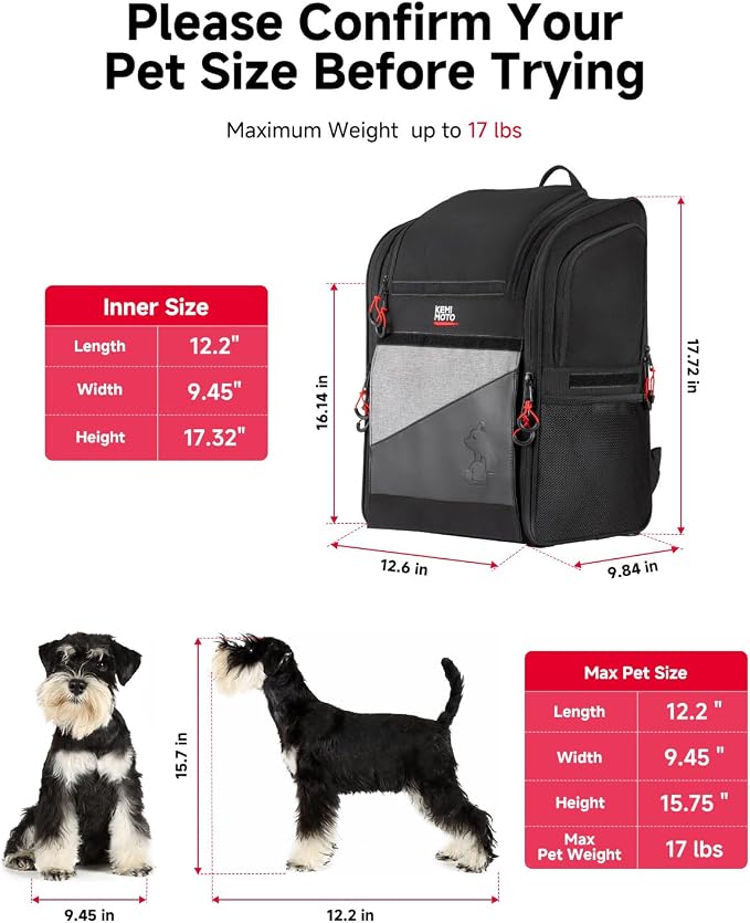 KEMIMOTO Expandable Motorcycle Dog Carrier for Small Dogs &Cat Under 17 lbs | Backpack with Anti-Escape Safety Leash, Foldable Pet Bag, Padded Shoulder Straps Fits for Touring Trike Camping, Daily use