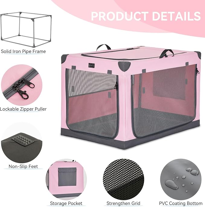 PETSFIT 36" Soft Portable Dog Crate – Patented Spiral Sturdy Frame, Collapsible Travel Kennel for Medium & Large Dogs, 3 Mesh Door, Lockable Zippers, Indoor & Car Use Pink