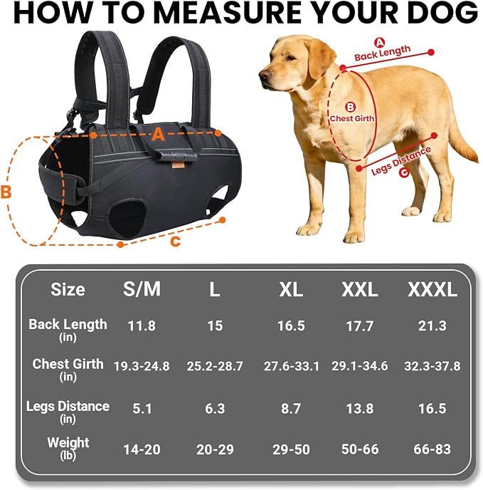 Dog Lift Harness Backpack Carrier for Large Dogs, Full Body Sling with Handle, Dog Harness for Joint Injuries, Arthritis, Ideal for Stairs, Elderly Dogs (Black 2XL 50-66 LBS)
