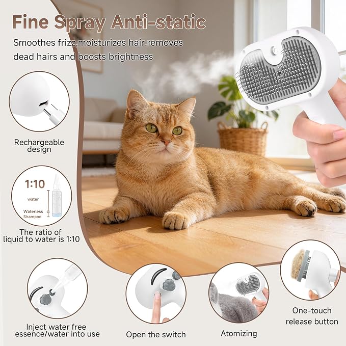 Pet Steam Brush for Dog & Cat - 3-in-1 Steam Grooming Brush for Shedding & Hair Removal - Self Cleaning Spray Comb with Mist for Long Haired Pets, Grey
