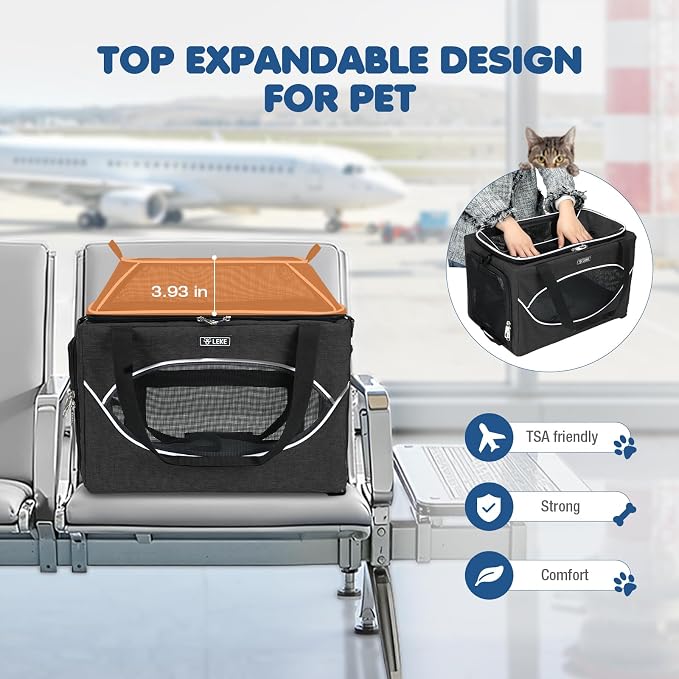 Lekereise Top-Expandable Pet Carrier 17x11x9.5 Inch Alaska Hawaiian Airline Approved Underseat to 12lbs Stable Car Travel Carriers for Small Dogs Cats with Locking Safety Zippers Anti-Scratch Mesh