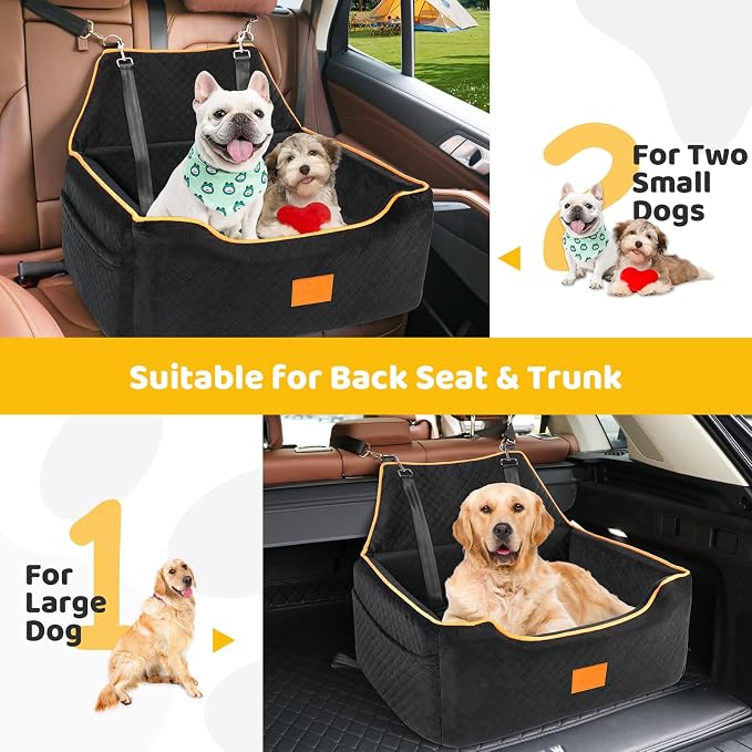 XIEEAOZEE Dog Car Seat for Large/Medium Dog, Booster Seat for Dogs Under 55Lbs or 2 Small, Detachable and Washable Travel Pet Seat with Thick Cushion and Storage Pockets (Black)