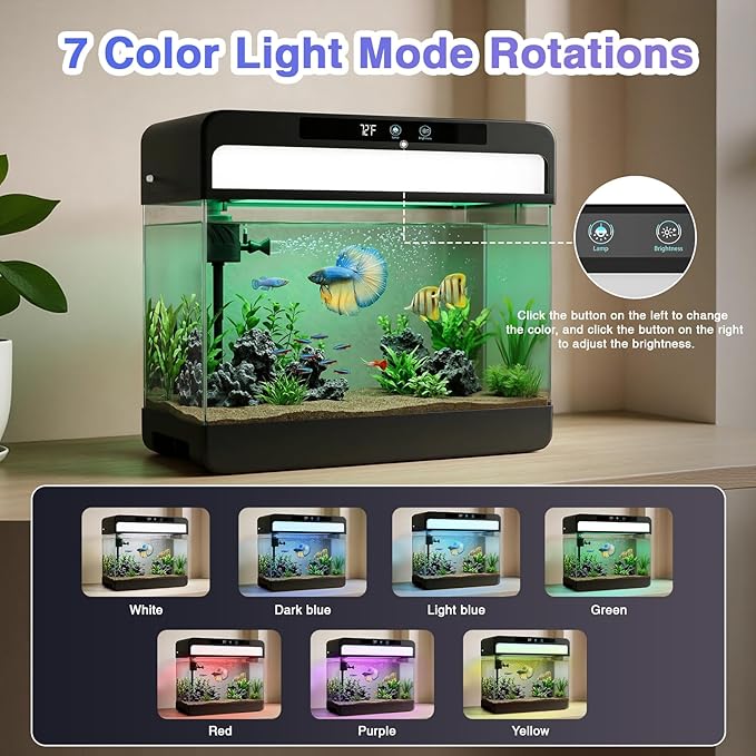 Fish Tank Starter Kit, 3 Gallon Smart Aquarium for Beta, 3-in-1 Silent Water Pump with Filteration & Circulation & Oxygenation, Temperature Display, 7 Colors LED Lights (Black)