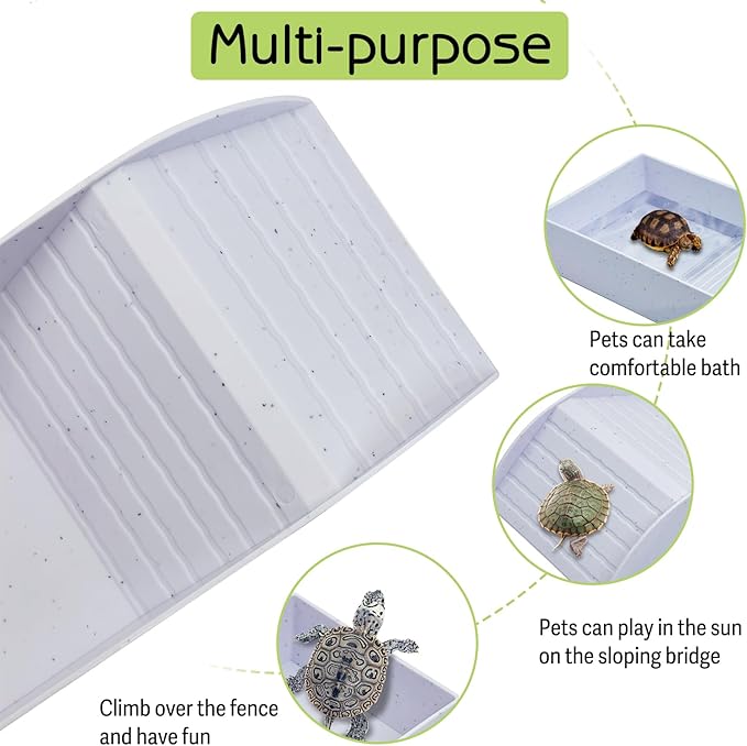 kathson Tortoise Water Dish with Ramp and Basking Platform, Reptile Water Bowl Turtle Soaking Tub Hermit Crab Bathing Pool for Amphibians Habitat Accessories (White)