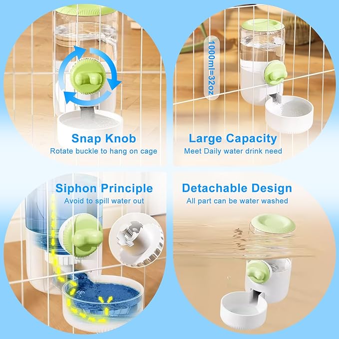 Distributeur d'eau à siphon par gravité automatique pour cage suspendue, distributeur d'eau automatique suspendu pour cage de 1 litre, gamelle d'eau pour chats, chiens, lapins, furets, chinchillas, oiseaux, hérissons, cochons d'Inde (vert clair)