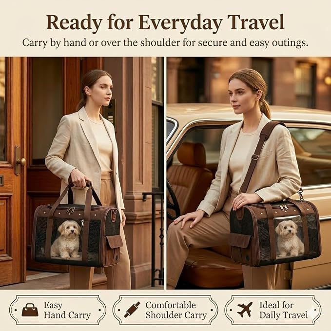 Pet Carrier for Small Medium Cats Dogs Puppies Up to 20lbs, Soft Sided Collapsible Cat Dog Carrier, Stable Durable Vintage Style Travel Bag for Shopping, Street Photos, Pet Cafe