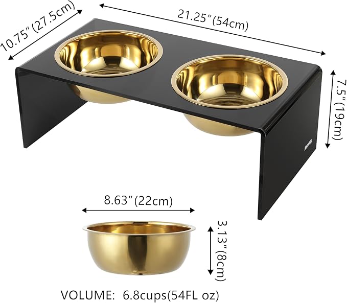 DBL2001B Keaton 7.5" Medium/Large Modern Lucite Rectangular Elevated Pet Feeder with 54oz 2-Stainless Steel Bowls, Black/Gold