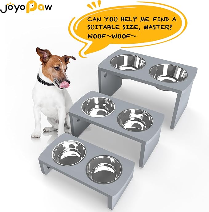 Elevated Dog Bowls, Bamboo Raised Dog Bowl for Large Dogs & Medium Dogs, with 2 Stainless Steel Bowls (10'' Tall–48 oz Bowl, Grey)