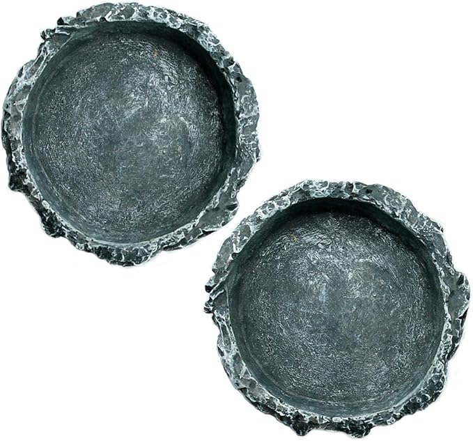 OMEM Reptile Natural Bowl Food and Water Dish Resin Made (2PCS- Gray S)