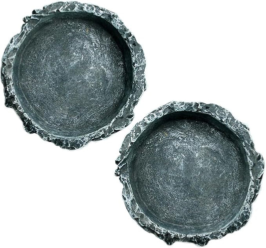 OMEM Reptile Natural Bowl Food and Water Dish Resin Made (2PCS- Gray S)