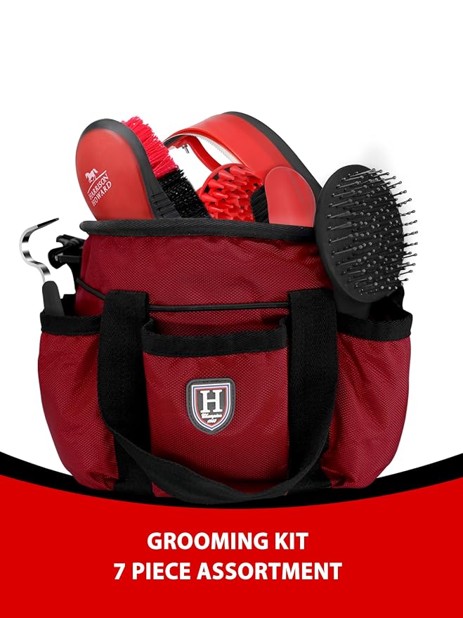 Harrison Howard Horse Grooming Brushes Kit 7 pieces with Organizer Tote Equine Care Series Horse Brush Sets Red