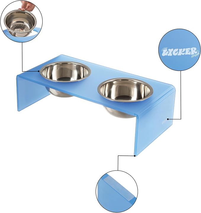 DBL2000C Keaton 5" Small/Medium Modern Acrylic Rectangular Elevated Pet Feeder with 20oz 2-Stainless Steel Bowls, Blue/Chrome