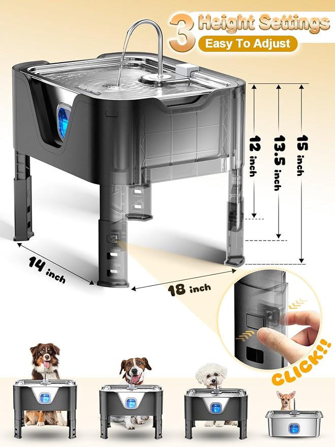 4.2Gal Dog Water Fountain for Large Dogs, 16L Stainless Steel Large Dog Fountain Water Bowl with Deeper & Wider Drinking Tray, Automatic Pet Water Dispenser with Visible Window (with Adjustable Stand)