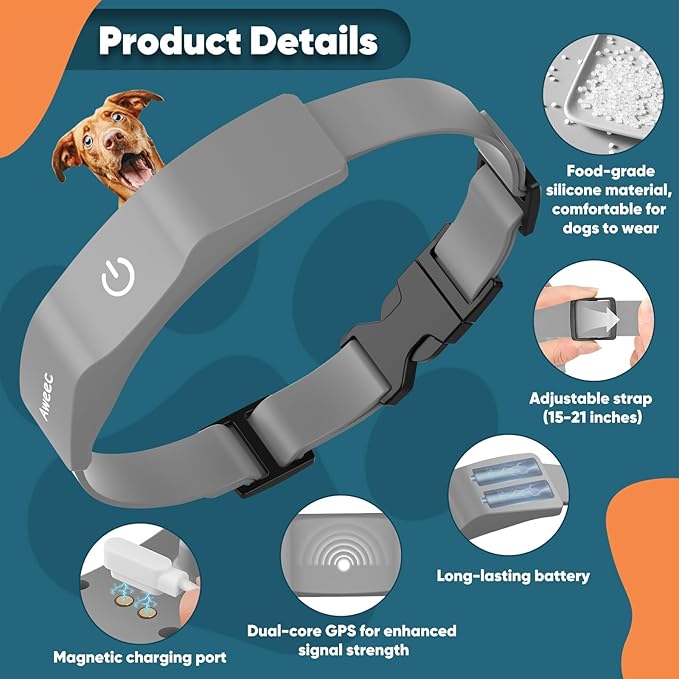 GPS Electric Dog Fence with Free App, Wireless Fence System with Training Collar, Portable for Outdoor Use, Rechargeable Waterproof Flexiable Collar, Adjustable of Dogs (Grey)