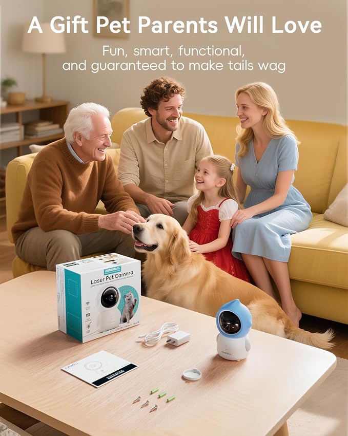 ZUMIMALL Pet Camera with Laser Toy, 2K WiFi Dog Cat Camera with Phone App | Features auto tracking, AI/PIR smart pet detection, 2-way talk, privacy protection, 2k camera with laser, Supports Alexa