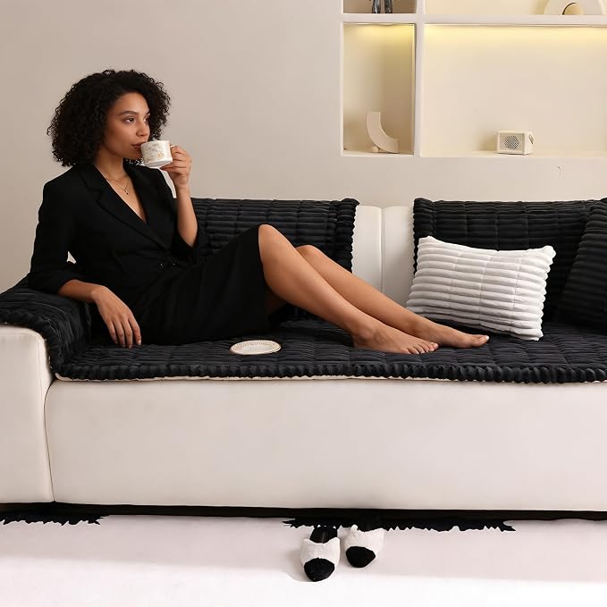 Couch Cover for Sofa, Sectional Couch Cover for Dogs, Sofa Cover Washable, Cushion Cover Blanket Pad Bed Mat for Pets, Fleece Furniture Protector, Black, 23.6x59in