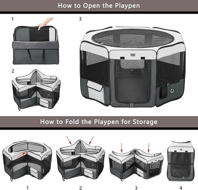 Dog Playpen Portable Pet Play Pens for Small Dog/Cat/Rabbit/Chicks, Cat Playpen Indoor/Outdoor with Carring Case, Removable Zipper Top and Bottom (Gray, Medium (36"x36"x20"), 8)