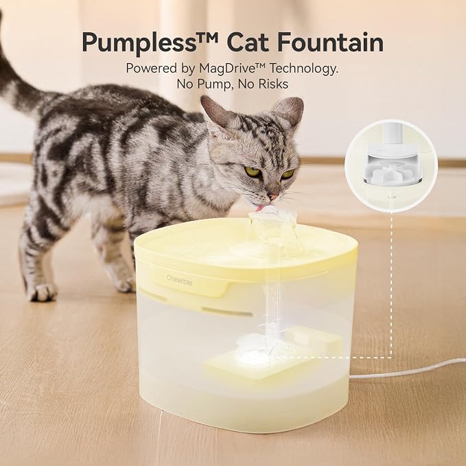 Cheerble Pumpless Cat Water Fountain, 2L/67oz Automatic Pet Fountain, Elfin E1 Lite Cat Fountain for Drinking, MagDrive™ Technology, Continuous Flow Mode, BPA-Free (Yellow, E1 Lite)