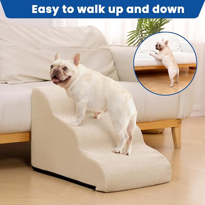 Dog Stairs for Small Dogs & Cats,3 Steps Non-Slip Pet Ramp for Couch,15.7"H | Airpanda Pet Stairs with Washable Cover & High-Density Foam,Gentle Curved Design,Ideal for Senior & Short-Legged Dogs,Beige