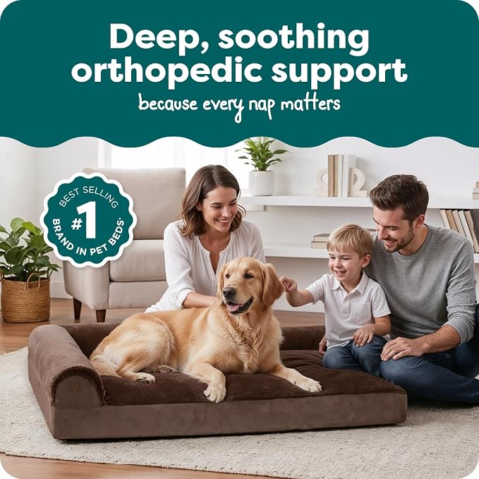FurHaven Orthopedic Dog Bed for Large Dogs, L-Shaped Chaise Mattress, Egg Crate with a Solid Orthopedic Foam Base for Joint Support, Removable Washable Cover, Jumbo XL, Plush & Velvet, Sable Brown