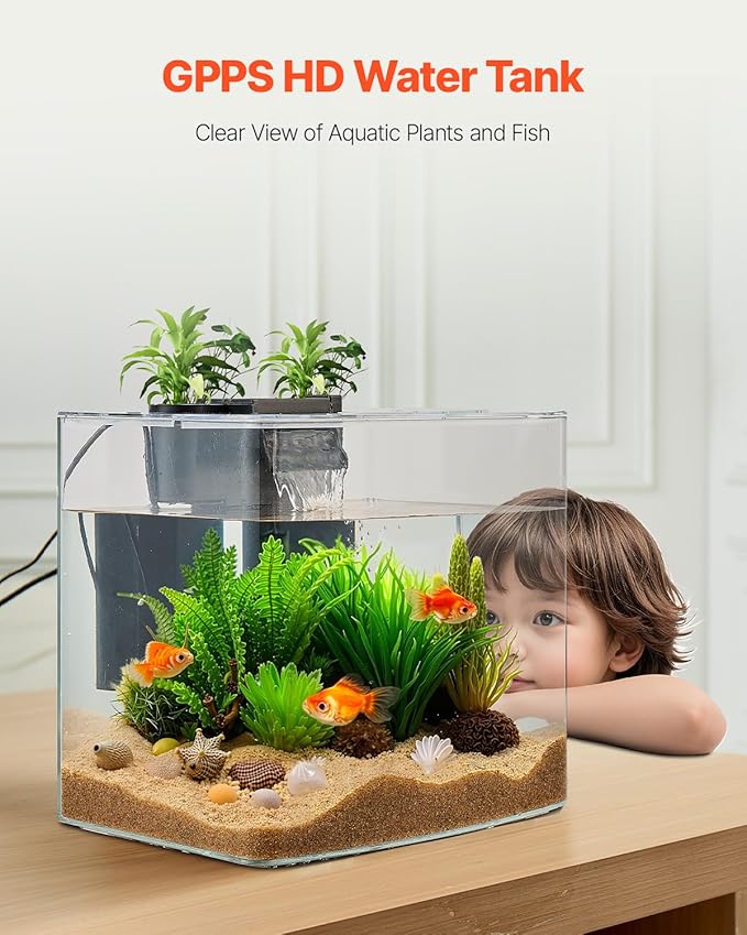 VEVOR Fish Tank Aquarium, 3.5 Gallon, Arch Design, Ultra-Clear GPPS Smart Tank with Adjustable 3-Color Lighting, Self-Cleaning System for Freshwater & Saltwater Fish - Home, Office Use
