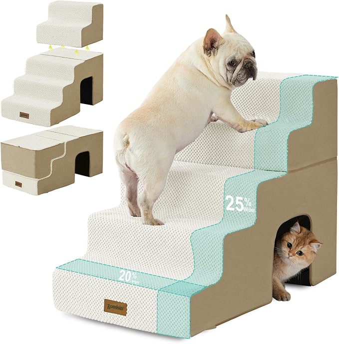 ZOMISIA Dog Stairs for Large Dogs with Tunnel, 24" H 5 Steps for High Bed | Tunnel 2 in 1 with Zippers, Suitable for Puppy and Older Cats for couch, Non-Slip Durable Dog Steps with High-Density Foam