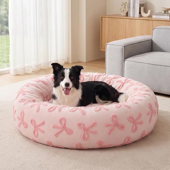 JOEJOY Jacquard Donut Round Dog Beds Large Sized Dog,Pink 36x36x8in, Removable Washable Cover, Cute Pattern, Ultra Soft Fluffy Calming Pet Bed with Thick Supportive Bolster