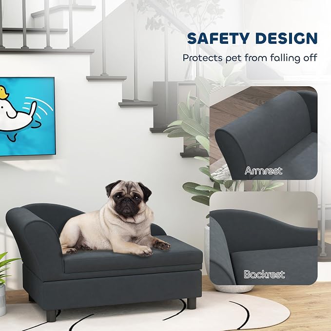 PawHut Luxury Fancy Dog Couch with Hidden Storage, Small Dog Sofa Bed with 2" Soft Foam, Modern Pet Furniture for Puppies & Little Breeds, Dark Gray | Small Dog Sofa Bed with 2" Soft Foam, Modern Pet Furniture for Little Breeds